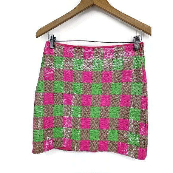 New Trina Turk Rico Mini Skirt Womens 2 Pink Green Checkered Sequins - Picture 3 of 6